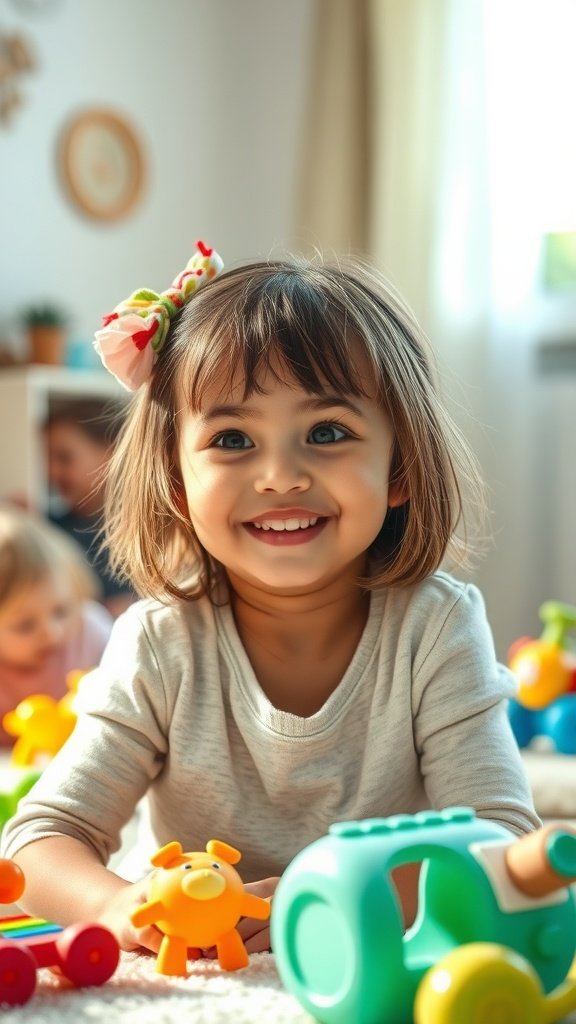 A young girl with a wispy layered haircut, smiling while playing with toys.