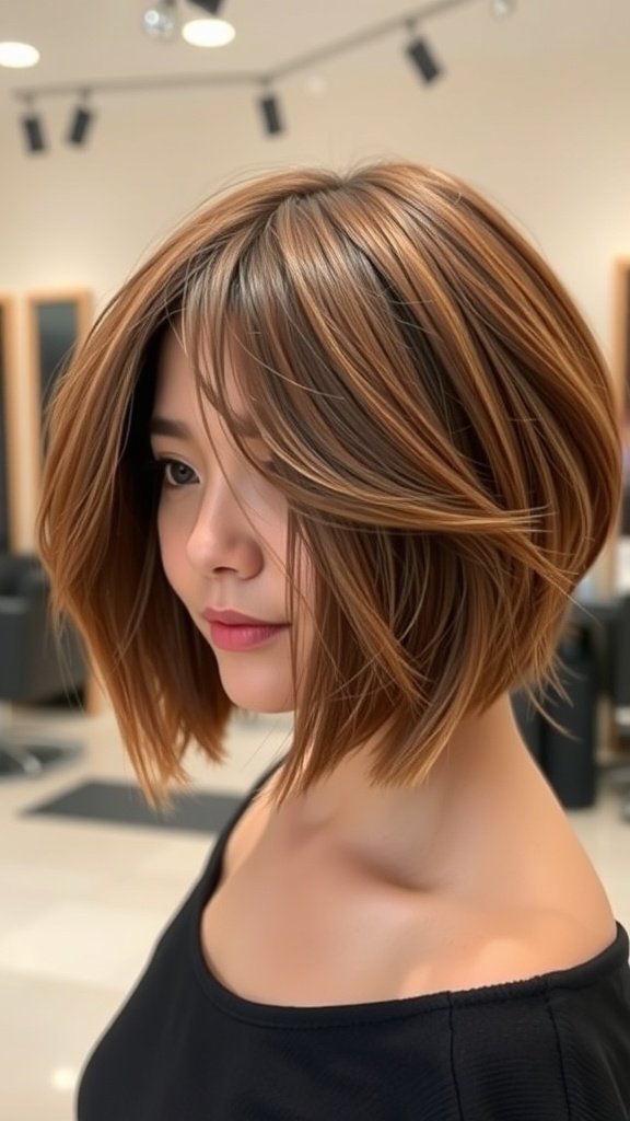 A woman with a chin-length bob hairstyle featuring feathered tips, showcasing a youthful and vibrant look.