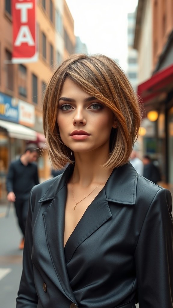 Woman with asymmetrical shoulder-length bob hairstyle, wearing a black blazer in an urban setting.