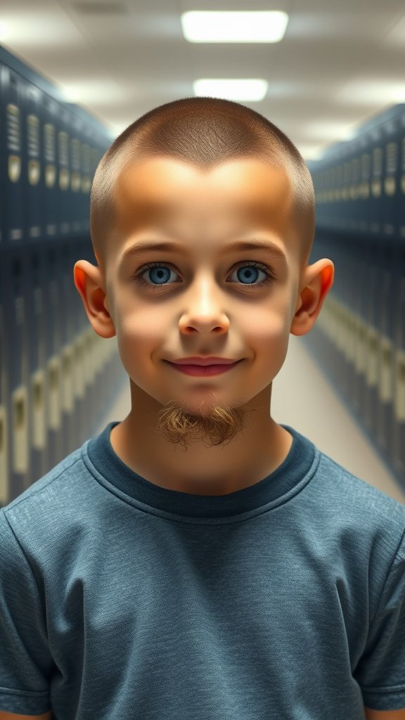 A young boy with a bald fade haircut and a small beard, smiling in a school hallway.