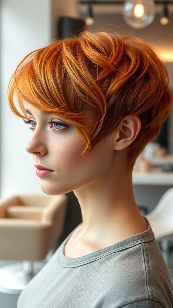 A woman with a bixie haircut featuring fiery copper waves, showcasing a trendy and vibrant hairstyle.