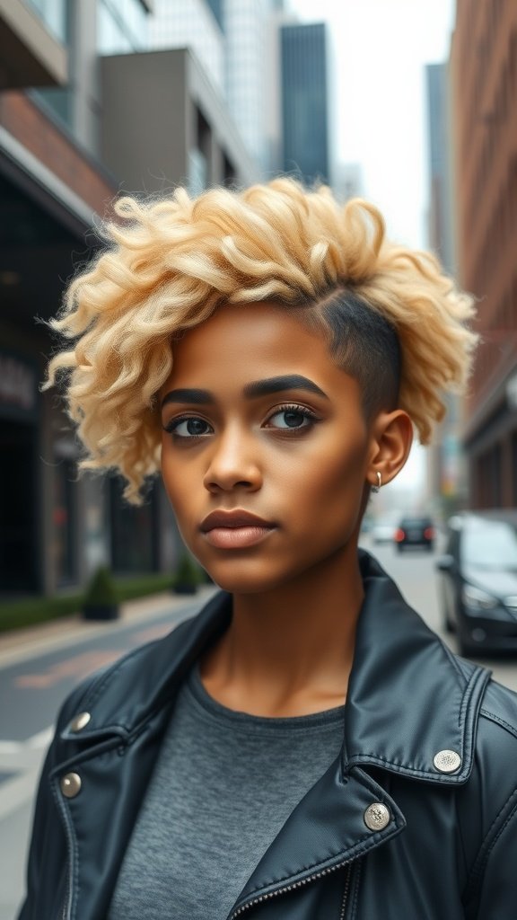 A person with a blonde tapered afro hairstyle featuring dark roots, wearing a leather jacket in an urban setting.
