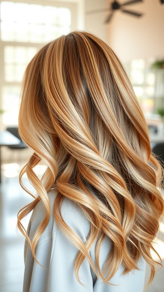 A woman with blonde hair featuring copper balayage, styled in loose waves.