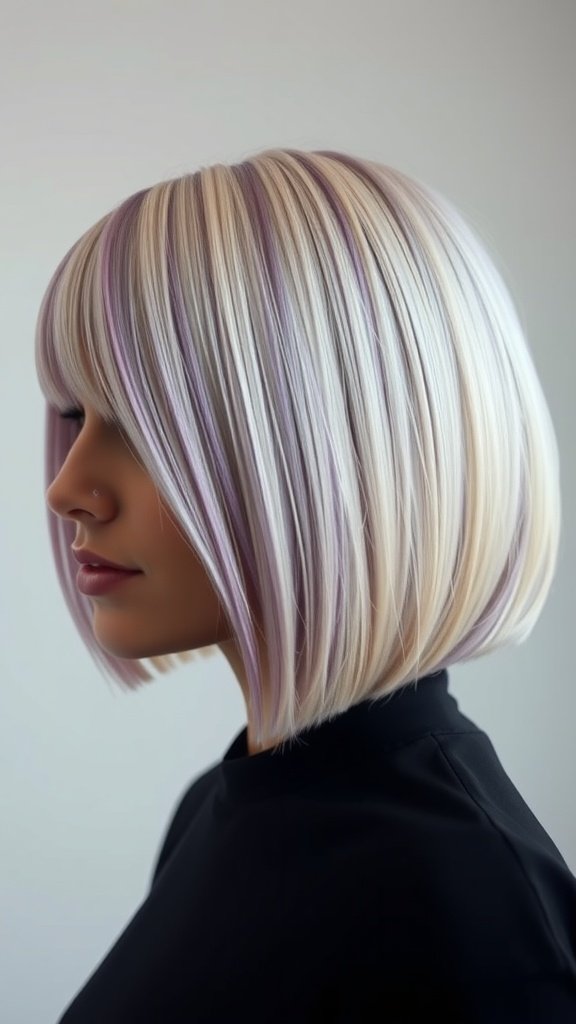 A woman with a blunt blonde bob hairstyle featuring violet lowlights.