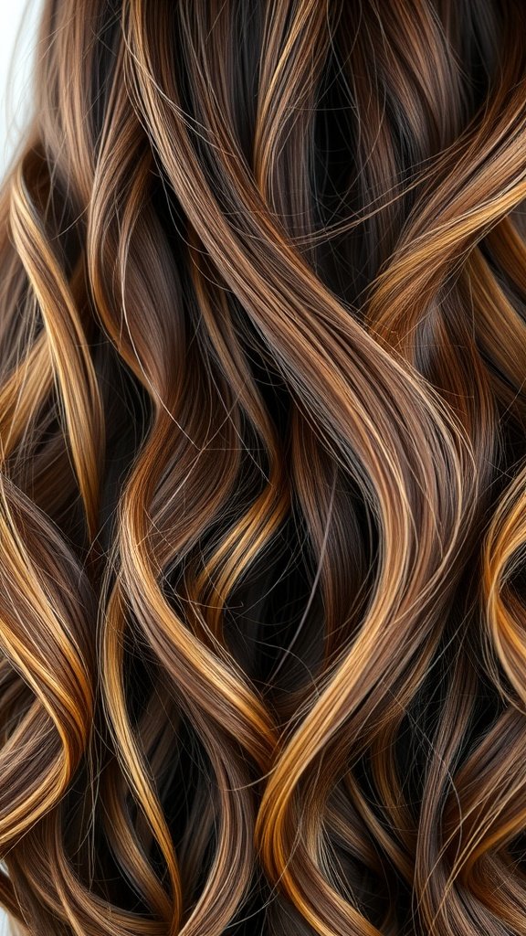 Long wavy brown hair with caramel highlights