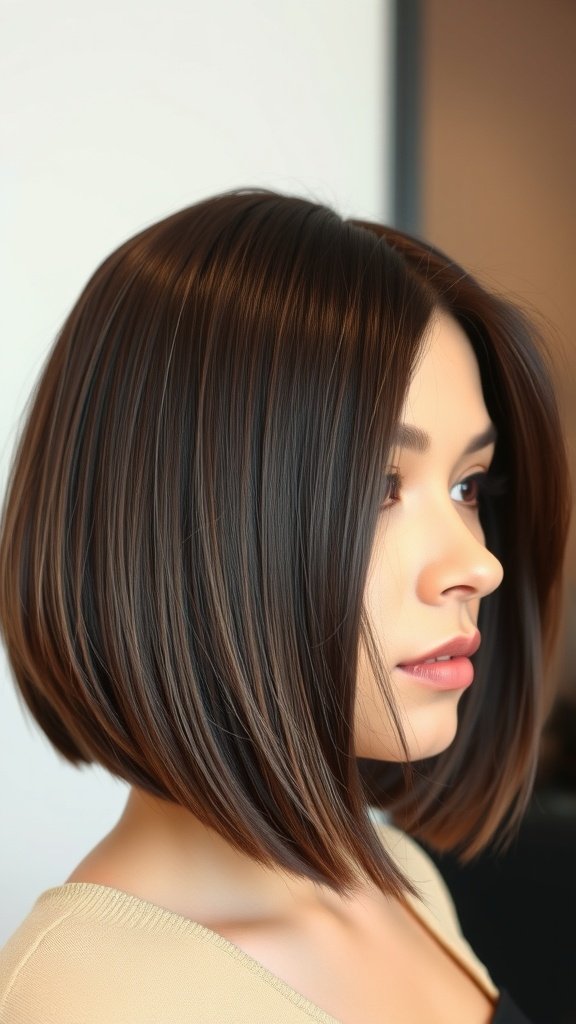 A stylish chocolate brown bob hairstyle with razor-cut edges, showcasing a modern and chic look.