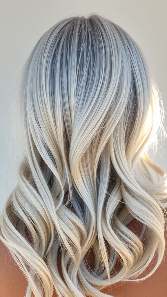 A close-up view of wavy hair featuring classy pearl highlights on silver hair.