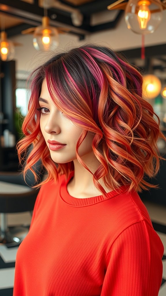 A woman with corkscrew-curled lob hairstyle featuring vibrant orange and pink colors.