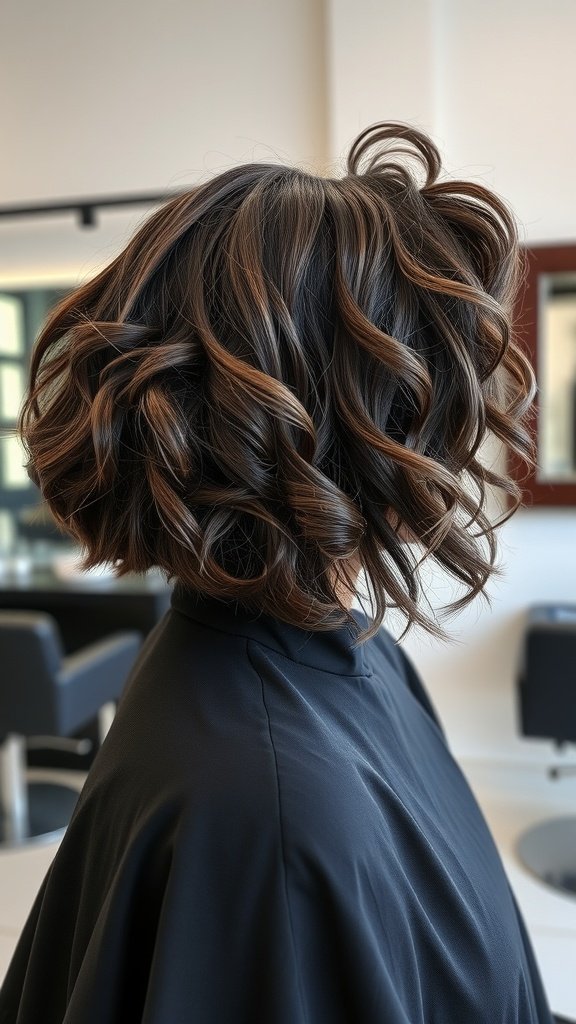 Curly angled bob hairstyle with sharp edges, showcasing soft curls and a modern cut.