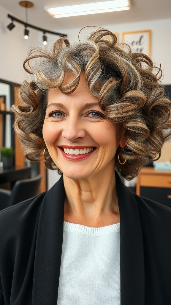A smiling older woman with a curly bob hairstyle, showcasing natural volume and a joyful expression.