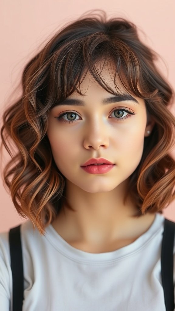 A woman with a curly lob hairstyle featuring layered bangs, showcasing a soft and feminine look.