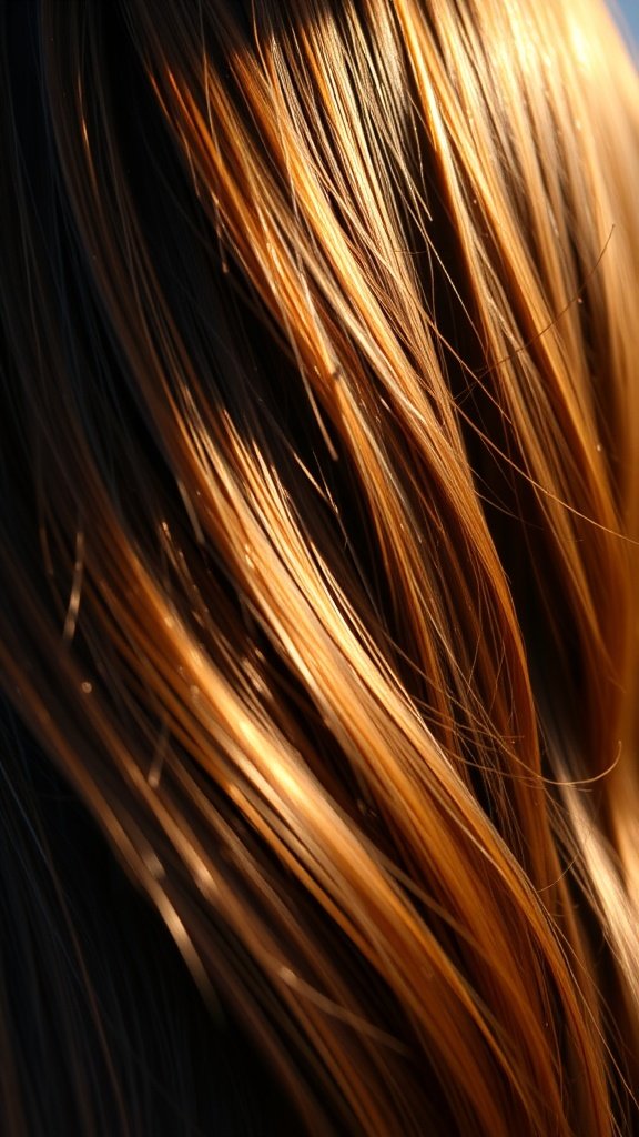 Dark brunette hair with golden honey highlights, showcasing vibrant and radiant tones.