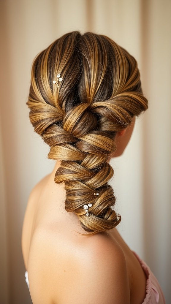 A stylish double French braid into a low bun hairstyle, adorned with decorative hairpins.