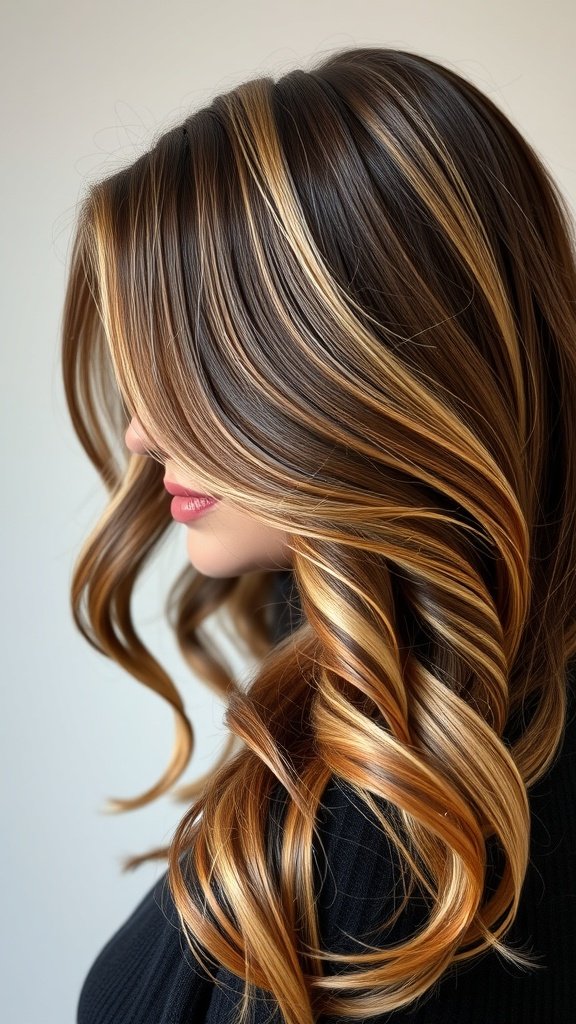 A woman with tawny brown hair featuring blonde feathering, styled in soft waves.
