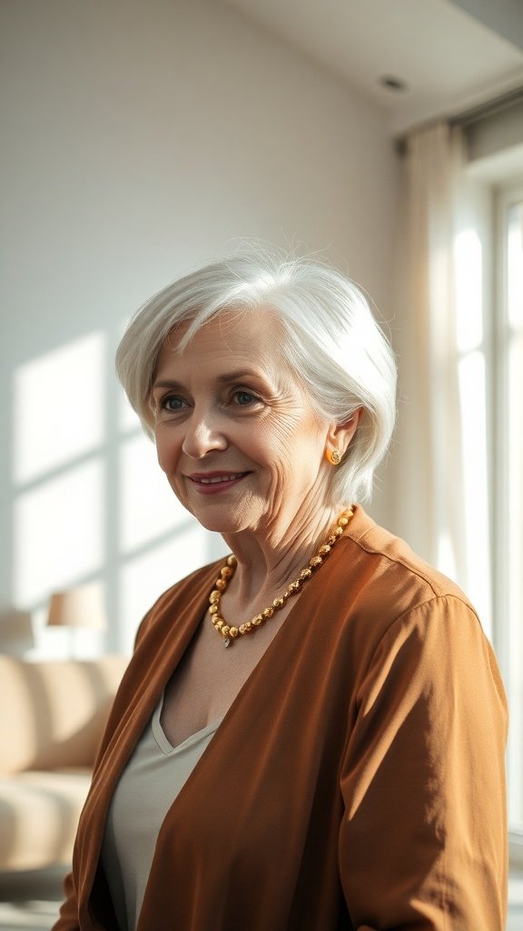 An older woman with silver waves styled in a side part, wearing a brown jacket and a pearl necklace, smiling in a bright room.