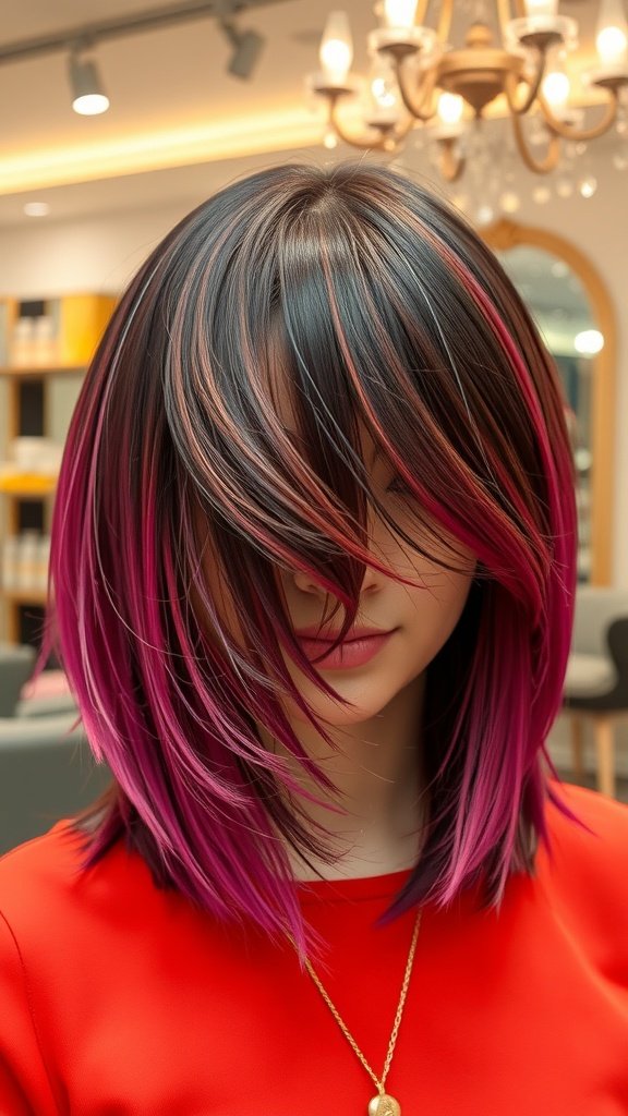A woman with a flirty layered bob hairstyle featuring flipped ends and vibrant colors.