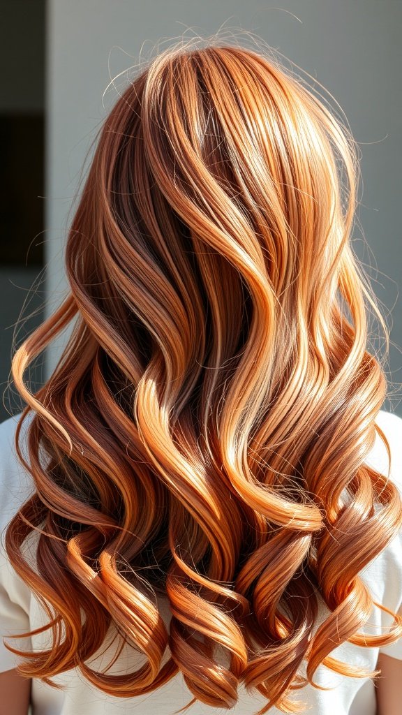 A beautiful hairstyle featuring a fusion of rose gold and copper colors with soft waves.