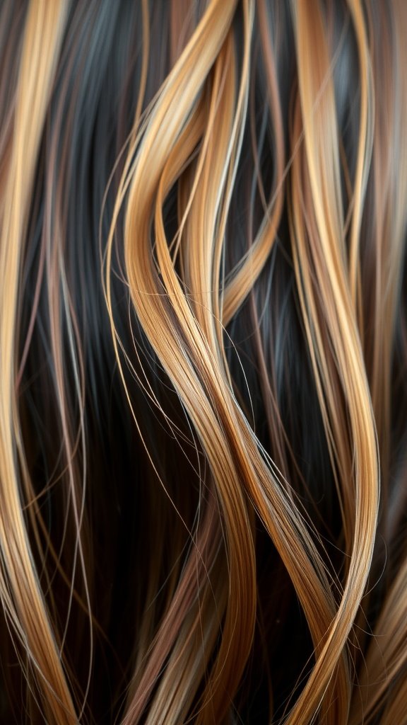 Close-up of light brown hair with glossy raven black highlights