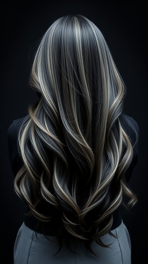 A woman with long, wavy hair featuring a gothic black to silver melt color.