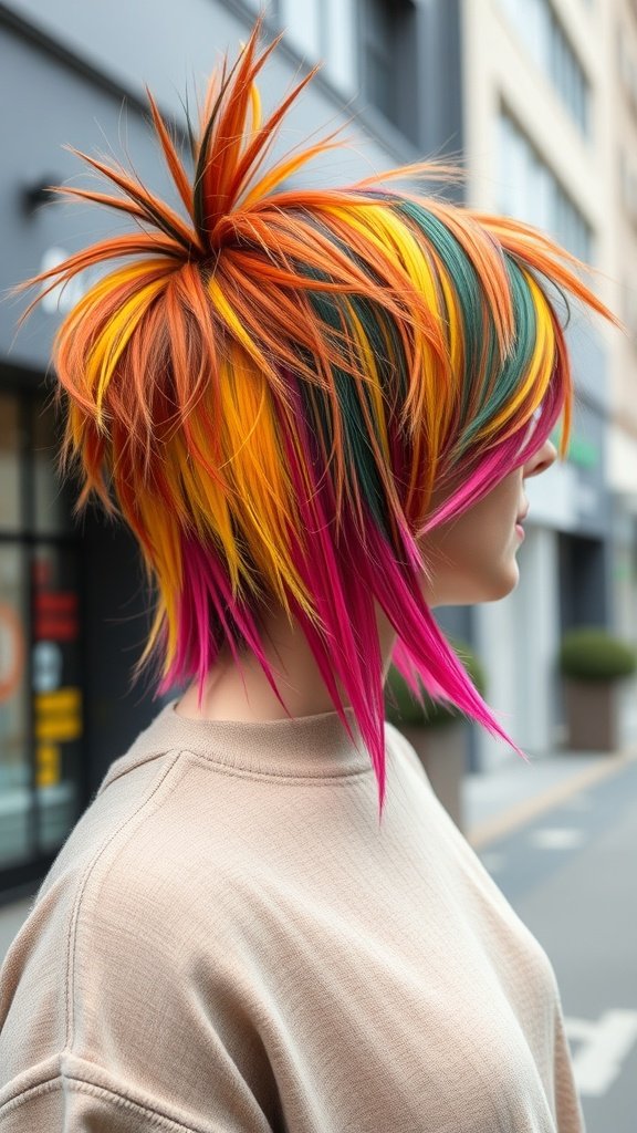 A vibrant Half-And-Half Shaggy Mullet hairstyle featuring bright colors like orange, pink, and green.