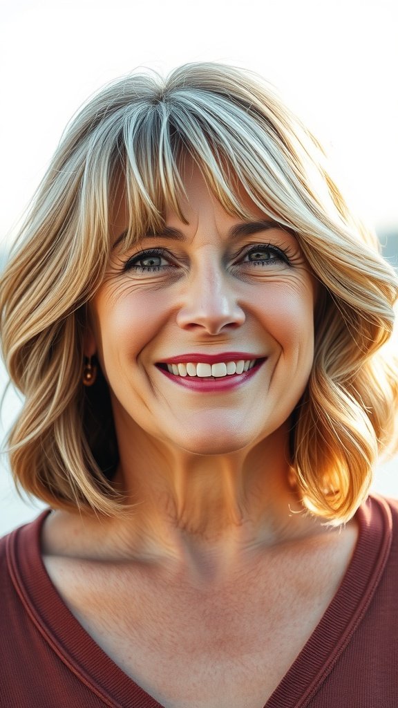 A woman with a layered bob hairstyle and side-swept fringe, smiling confidently.