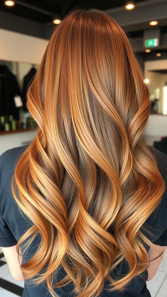 Long layered hair with copper balayage