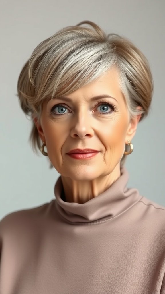 A woman with layered shag hairstyle and micro bangs, showcasing a stylish look.