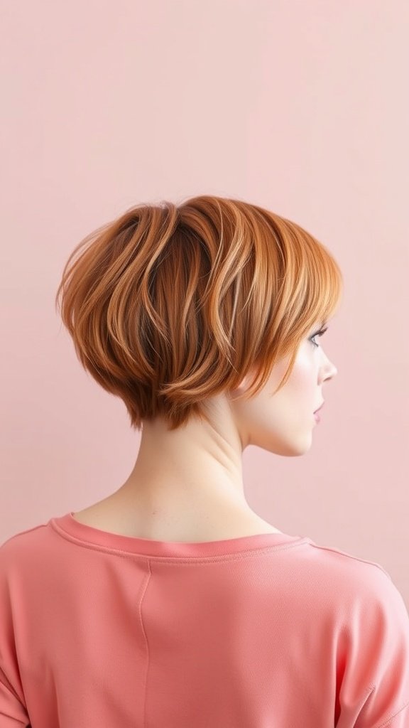 A woman with a light copper pixie haircut, showcasing soft layers against a pink background.