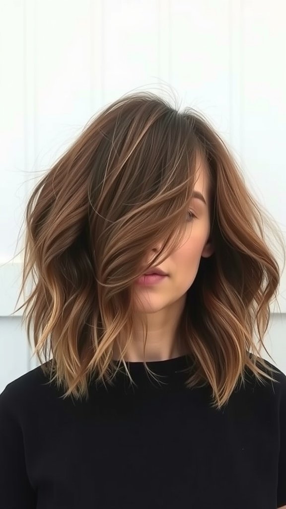 A woman with a lob hairstyle featuring layered ends and a wispy fringe, showcasing a soft and stylish look.