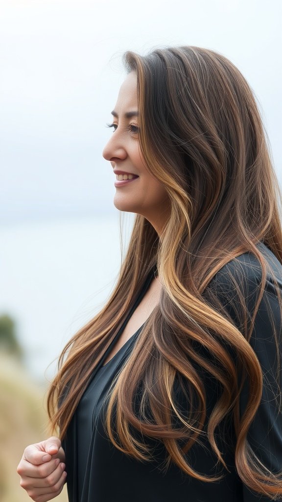 A woman with long, flowing hair styled in subtle waves, smiling outdoors.