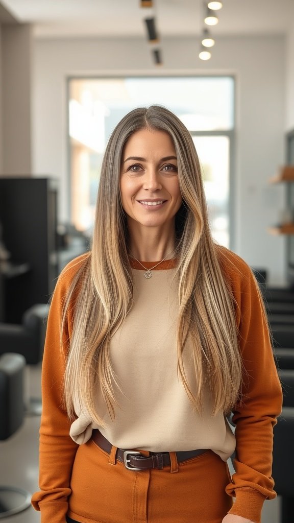 A woman with long straight hair and layered ends, smiling in a modern salon setting.
