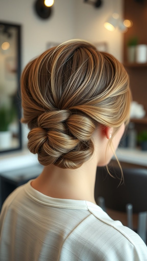 A woman with a low bun hairstyle featuring curled ends, showcasing a chic and elegant look.