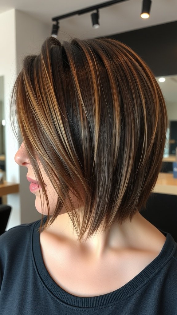 A woman with a medium haircut featuring sharp angled layers, showcasing a stylish and modern look.