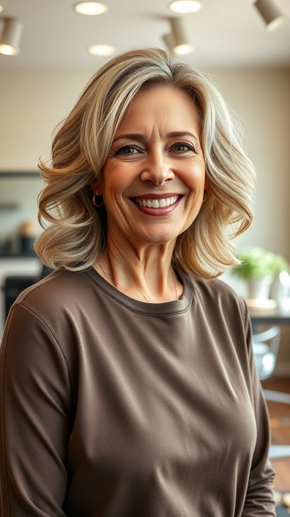 A woman with medium layered hair styled in gentle curls, smiling confidently.