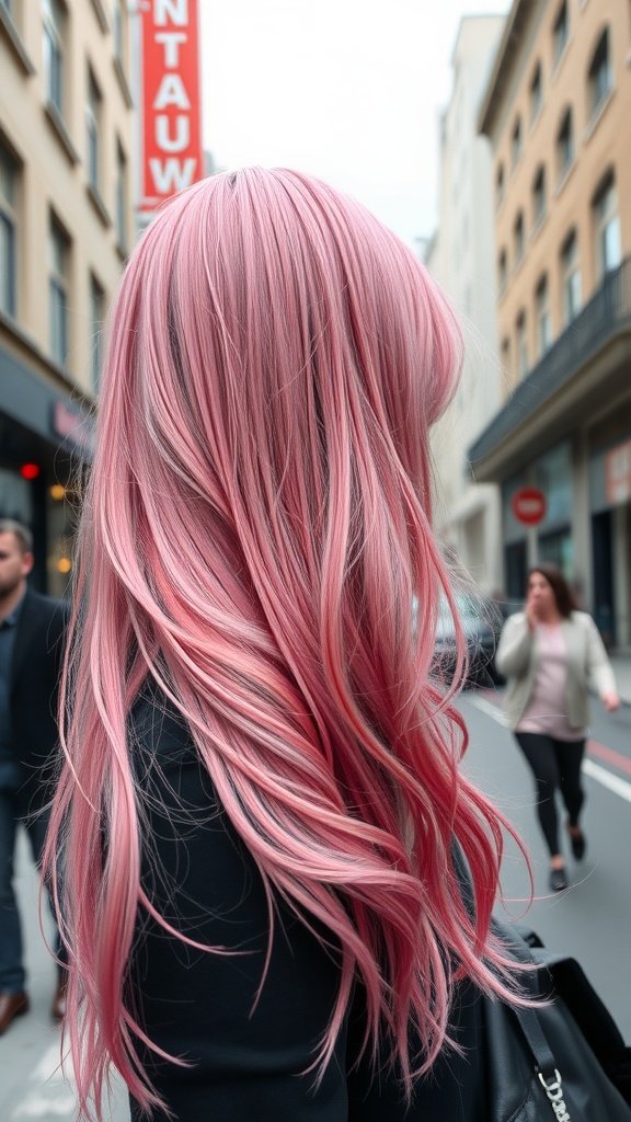 A woman with long pink lava ombre hair, showcasing vibrant pink hues in a city setting.