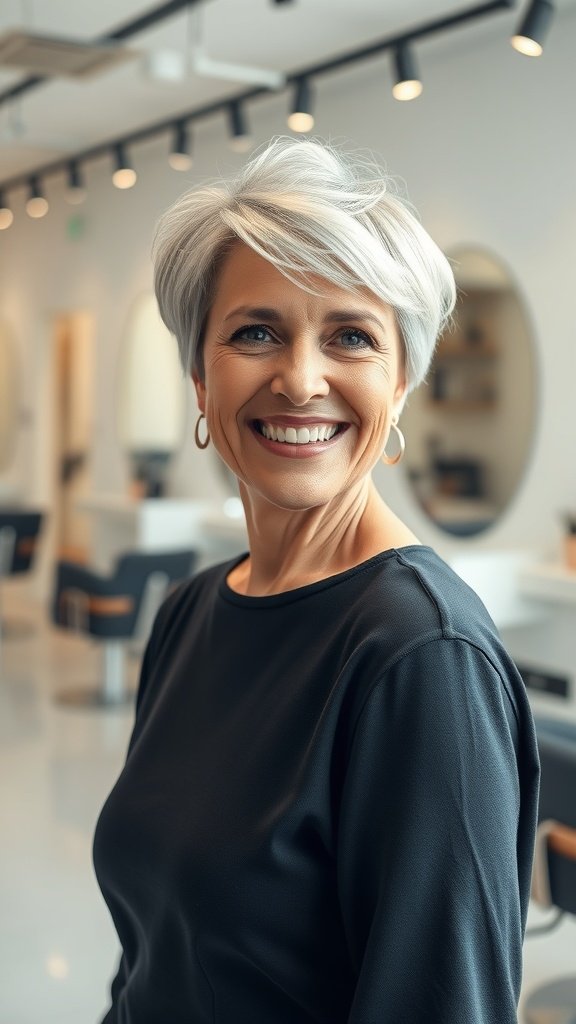 A woman over 50 with a pixie cut styled in sculpted waves, smiling in a salon.
