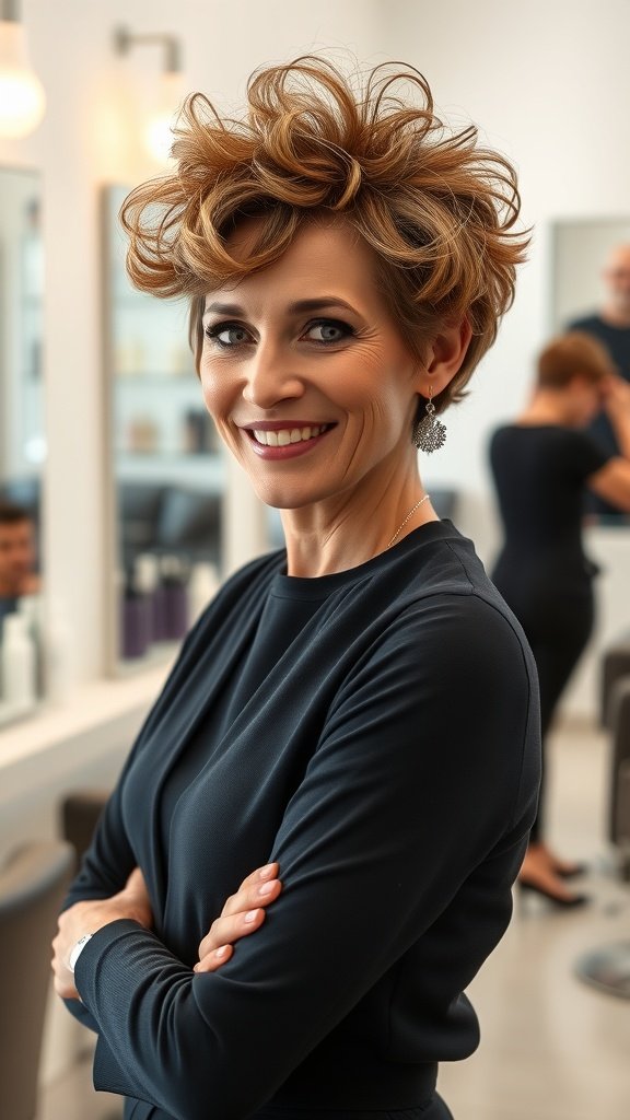 A woman with a stylish pixie haircut featuring a curly top, smiling confidently in a salon.