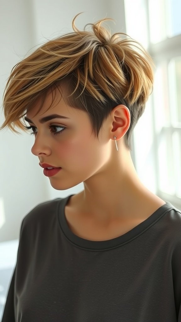 A stylish pixie haircut featuring a soft undercut and wispy bangs, showcasing a modern and playful look.