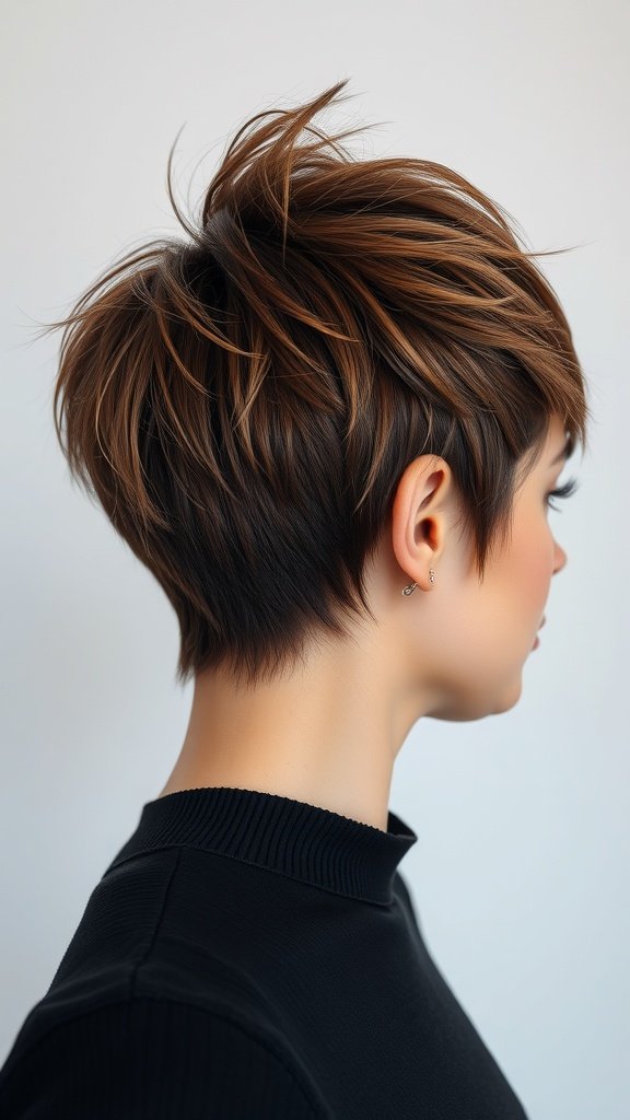 A stylish pixie haircut featuring a tapered neckline and wispy layers, showcasing thick hair with texture.