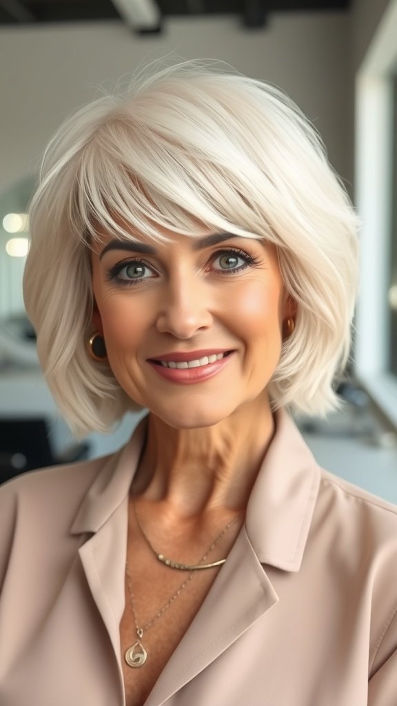 A woman with a platinum blonde crop cut, smiling confidently.