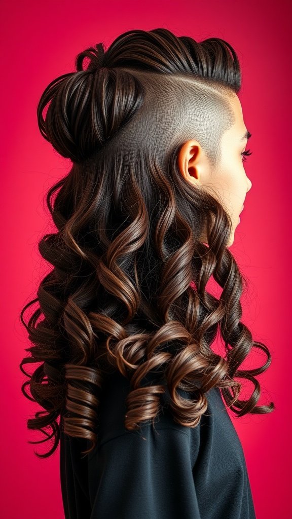 Razor-cut hairstyle with voluminous curls, showcasing shaved sides and bouncy locks against a pink background.