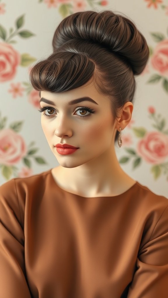 A woman with a retro beehive hairstyle and soft bangs, wearing a brown top, against a floral background.
