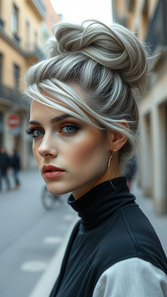 A stylish woman with silver hair in a messy bun, showcasing a trendy urban look.