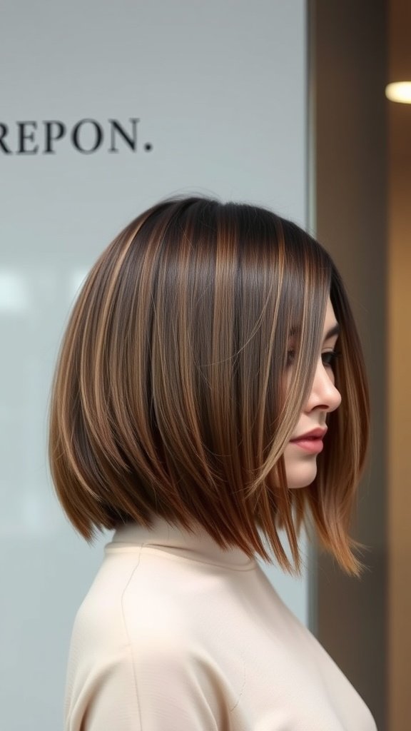 A woman with sleek and straight shag haircut featuring angular cuts, showcasing a modern and polished look.
