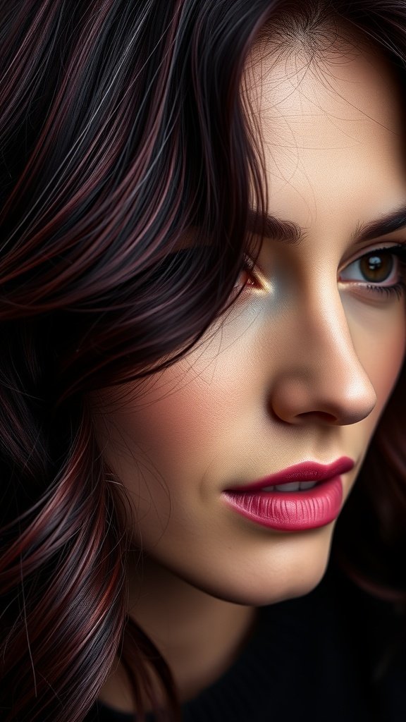 A close-up of a woman with dark hair featuring smoky mulberry underlights, showcasing soft waves and a natural makeup look.