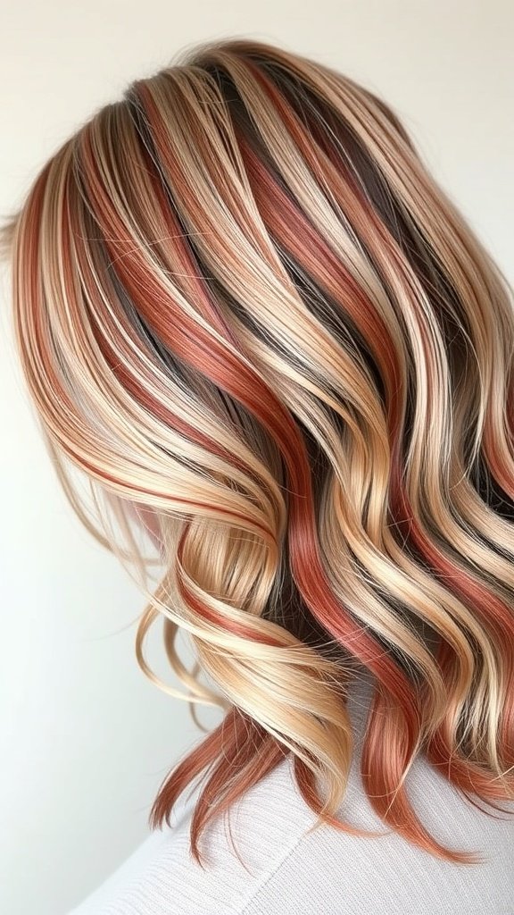 Soft ash blonde hair with bold red streaks styled in waves