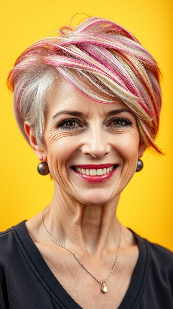 A woman with a soft pixie haircut featuring long top layers and vibrant pink highlights, smiling against a yellow background.