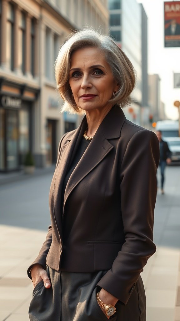 A sophisticated woman with a French bob hairstyle and a deep side part, wearing a stylish blazer.