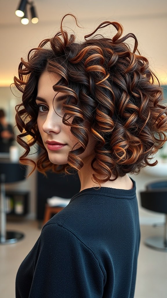 A woman with a stacked curly bob hairstyle, featuring bouncy curls and a layered back.