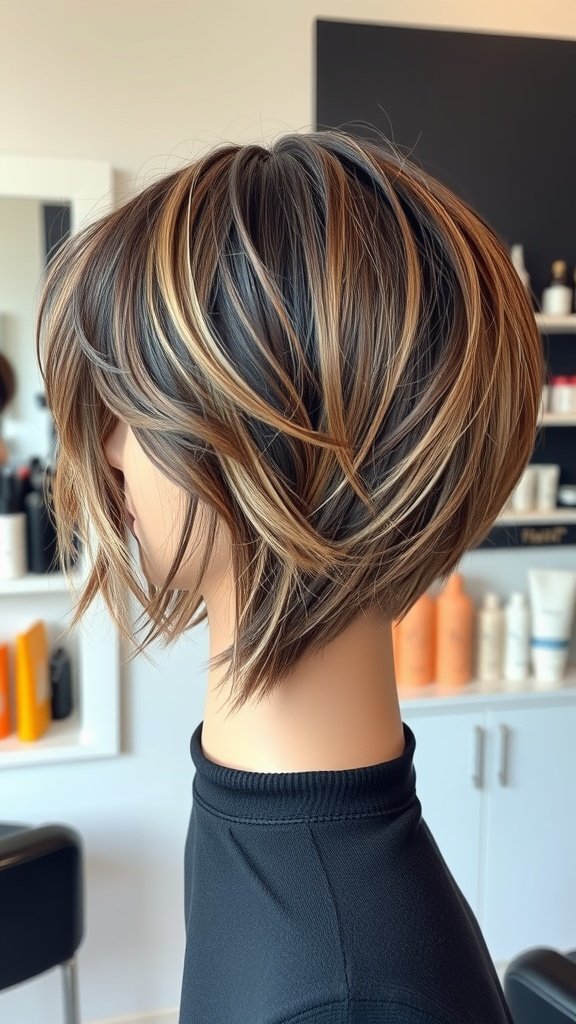 A mannequin showcasing a textured feathered layers bob haircut with blended colors.